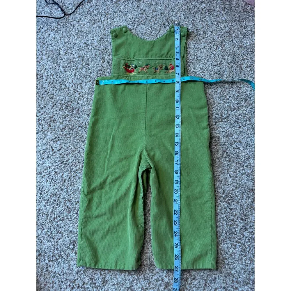 MANO Handmade Christmas Smocked Reindeer Sleigh Green Corduroy Overalls 2T